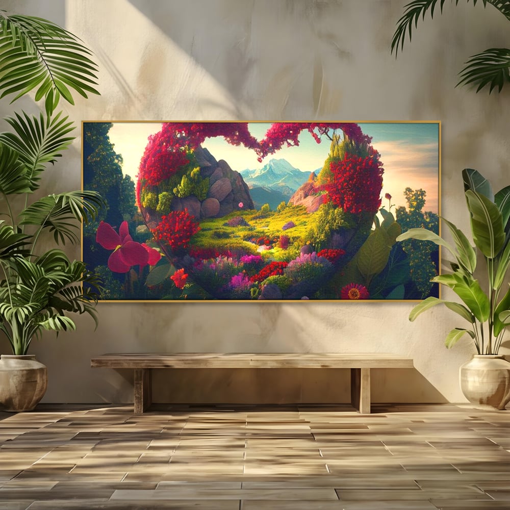 Tablou canvas cu ilustratie digitala peisaj in forma de inima, in rama de aluminiu auriu